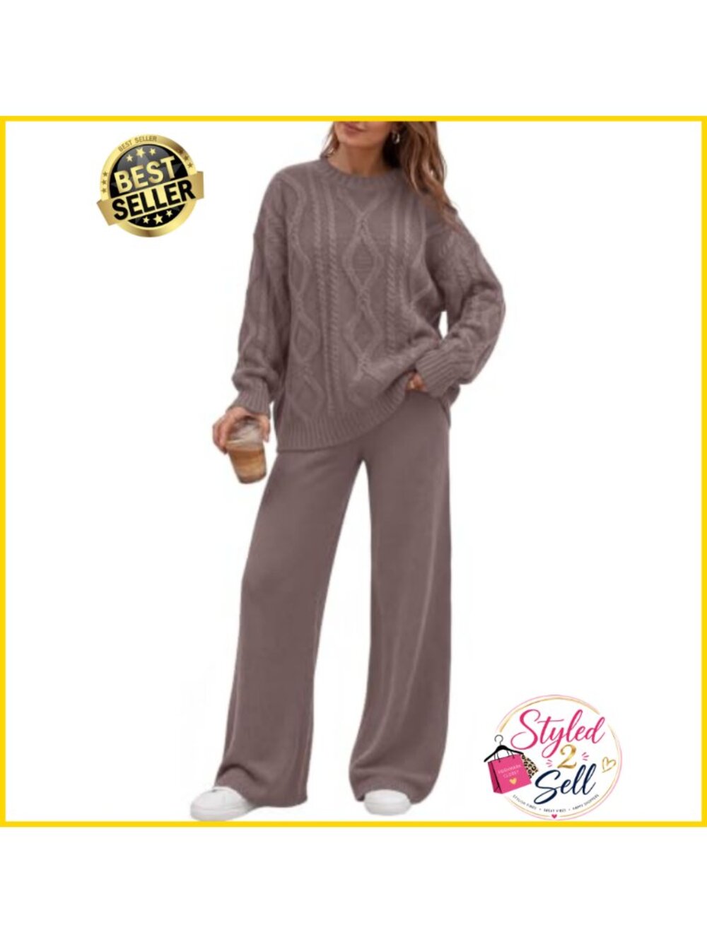 Cable Knit Sweater and Wide Leg Pants Lounge Set 2 Piece Cotton Blend